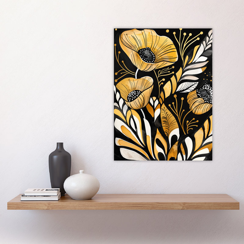 Abstract Poppies Gold Floral Watercolour Wall Art Print