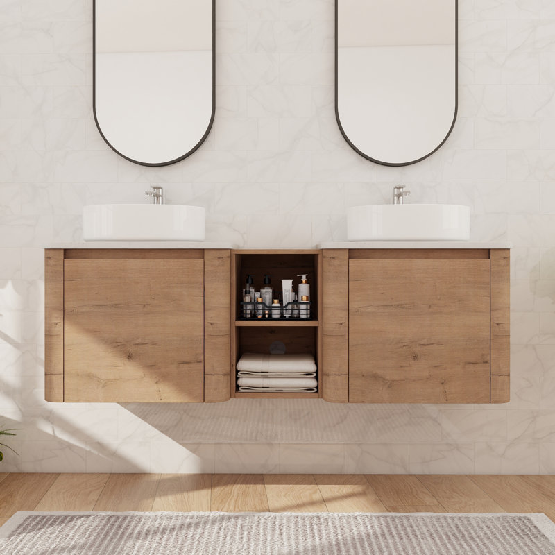 Meuble-lavabo double 60 po avec lavabo en céramique et meuble-lavabo mural 60 po, Brun, 59"
