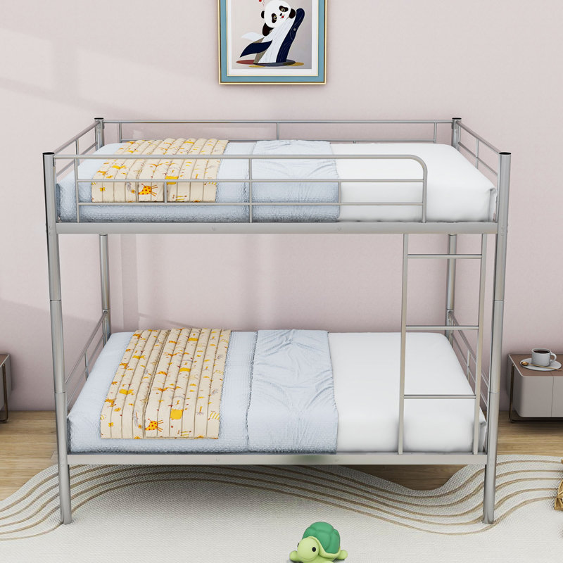 Metal Bunk Bed With Convertible Design And Safety Guardrails, Silver, Full Over Full