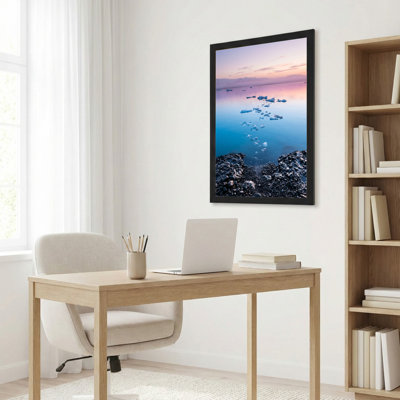 Toile noire encadrée en bois noir pour le salon, la chambre à coucher, le bureau ou le vestibule - décoration murale décorative avec coucher de soleil arctique