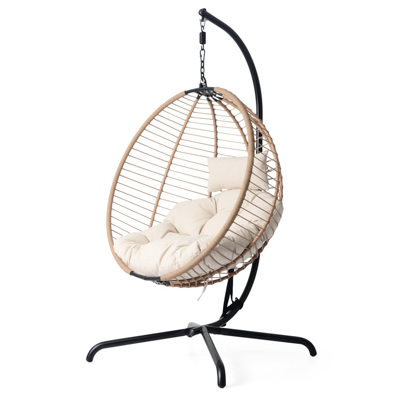 Chaise suspendue avec support, conception rustique, cordes brunes, coussin, abris d'extérieur beige, cadre, option pour économiser de l'espace