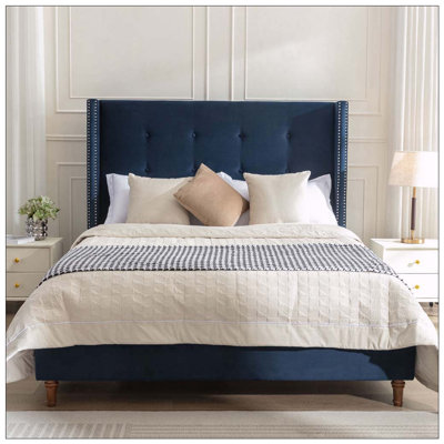 Peyton Upholste Bed / High Headboard / Traditional Hand Buttoned Tufting / Nailhead Trim Wingback / No Box Spring Needed / Easy Assembly / Velvet