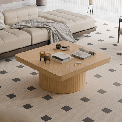 Table basse carrée 34,6 po pour le salon, plateau en placage de bois moderne avec motif de parquet et base cylindrique, plateau de table épaissi, assemblage facile, bois naturel