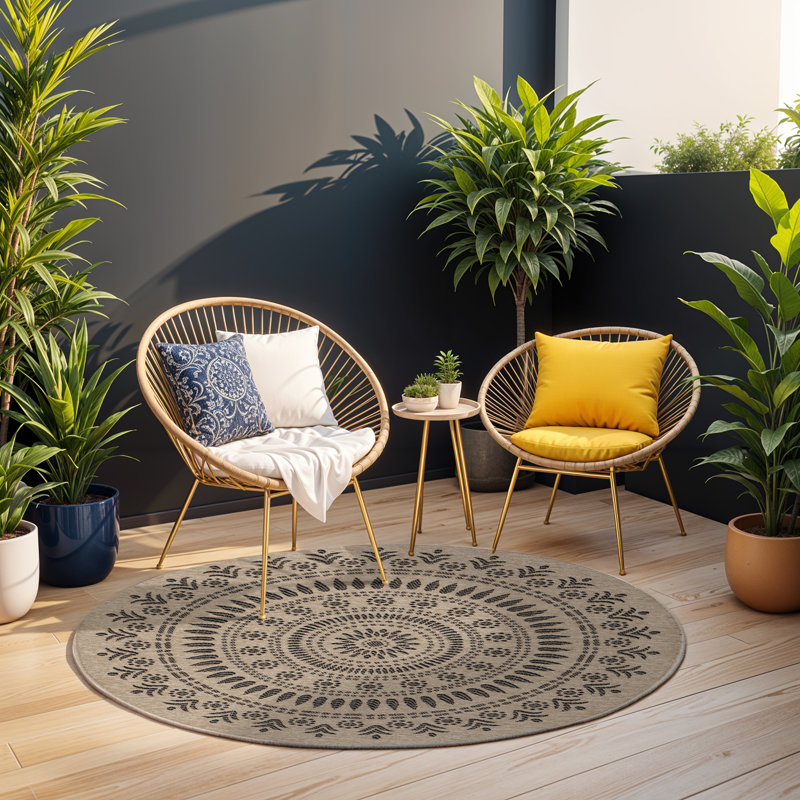 Argenis RoundBoho Jute-Look Beige Black Area Rug, Round 160cm