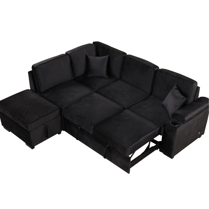 Lit noir de 218 cm avec rangement, canapé-lit 2 en 1 pour salon. Structure en contreplaqué, rembourrage en mousse haute densité pour une durabilité et un soutien optimaux. Convient également à la chambre et au salon. Revêtement en velours doux.