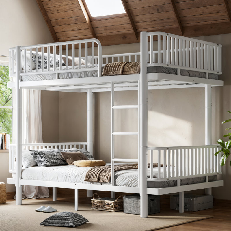 Lit superposé double au-dessus de double avec échelles et garde-corps, structure de lit superposé en métal avec conception de tuyau rond de sécurité améliorée, peut se transformer en 2 lits plateforme, blanc