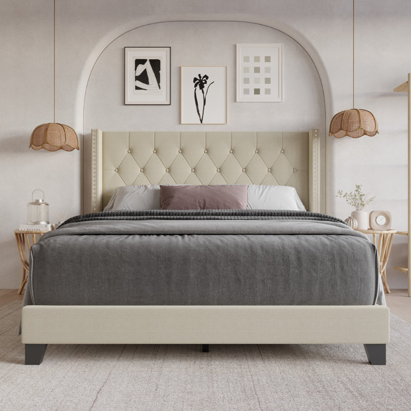 Ameire Upholstered Wingback Bed, Beige, King