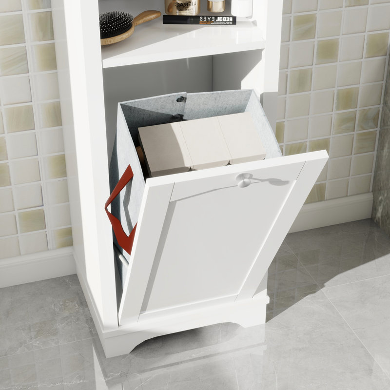 Grande armoire de rangement pour salle de bain avec tablettes ouvertes et panier à linge, Blanc