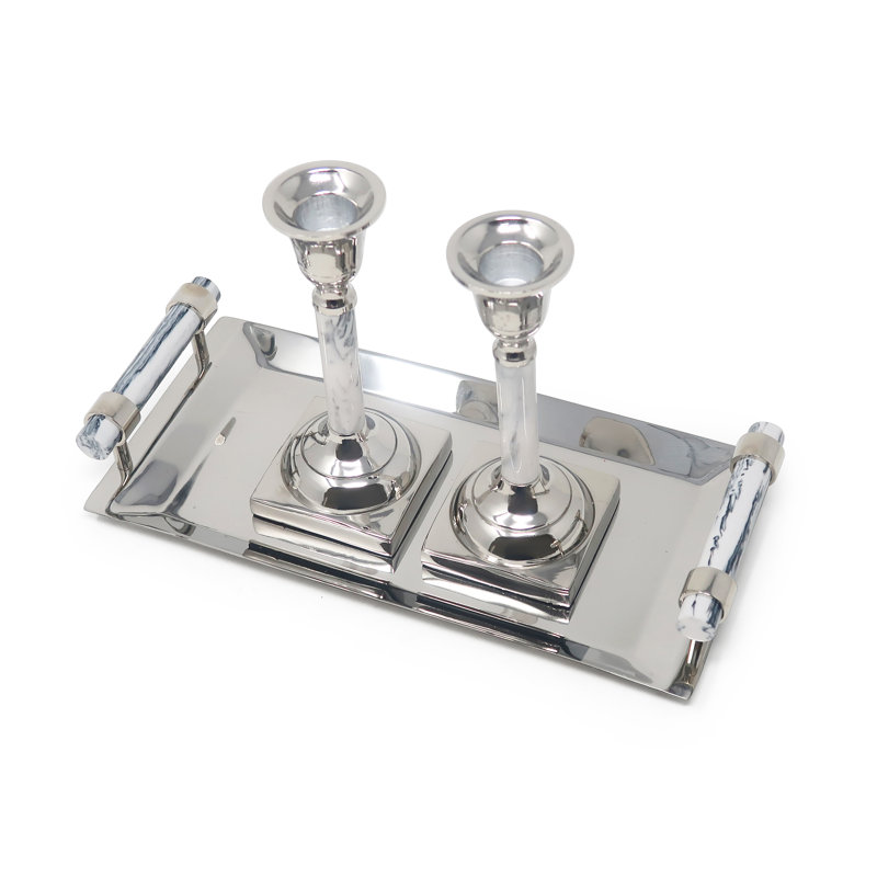 Candlestick Set With Tray (Available In Multiple Colors Options), White/Black
