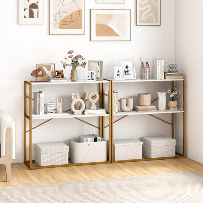 Console 36 po avec tablettes ouvertes en bois texturées et structure en métal pour couloir blanc