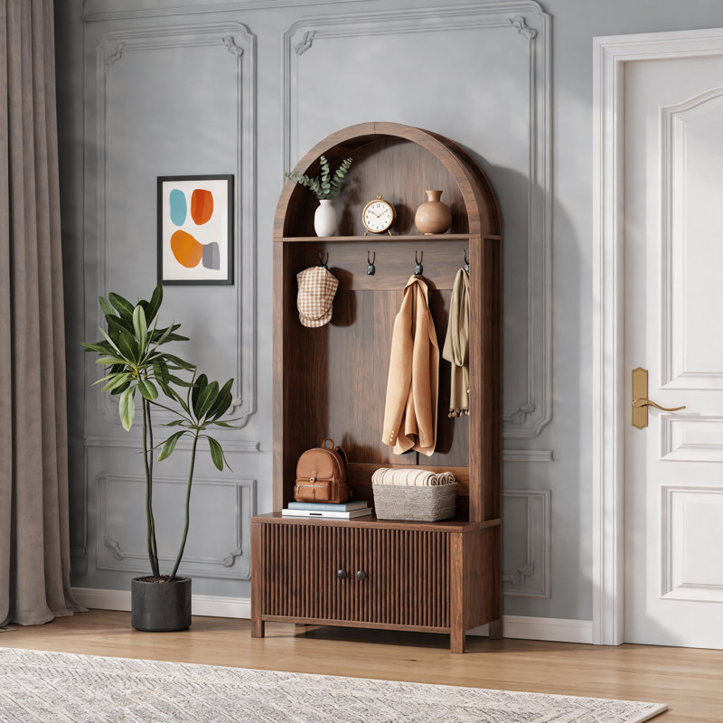Walnut Wood-Colored Farmhouse Style Entryway Coat Rack, Four-In-One Multi-Functional, With Hooks, Shoe Rack, Bench, And Hallway Compatibility.