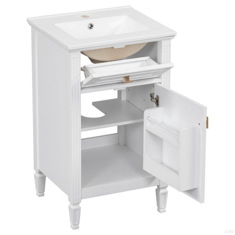 Meuble-lavabo de 20 po avec lavabo, pieds en bois massif, tablette réglable, tiroir inclinable, boutons en alliage de zinc, armoire autoportante moderne