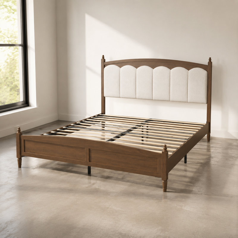 Structure de lit plateforme grand lit avec tête de lit tapissier, structure de lit de style campagnard de style Mid-Century pour la chambre à coucher, fabrication robuste et durable