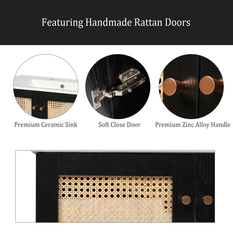 Bathroom Vanity Crafted From Natural Materials, Featuring Handmade Rattan Doors And Soft-Closing Mechanisms