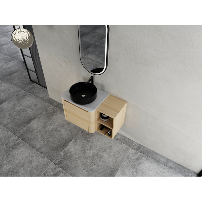 Meuble-lavabo mural avec lavabo en céramique et tablettes de rangement, porte à fermeture en douceur
