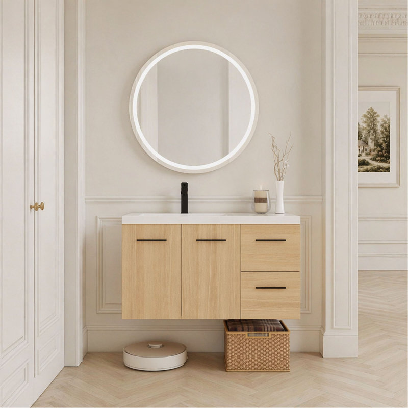 Ensemble de meuble-lavabo flottant mural 36 po avec lavabo 36 po, chêne clair, 2 portes et 2 tiroirs, plateau lavabo en gel, 3 boîtes