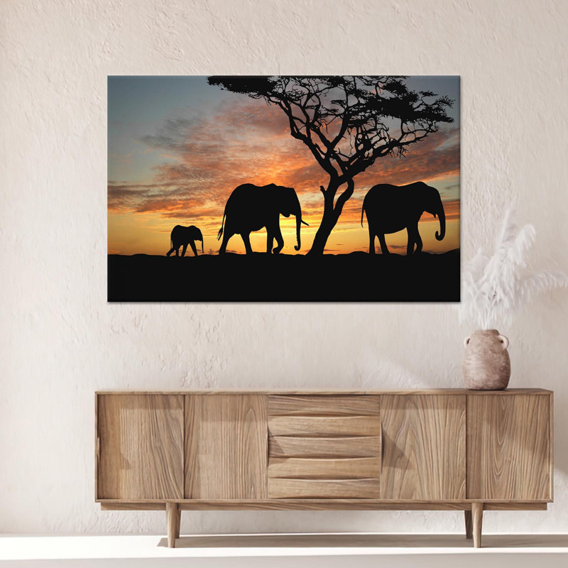 Art africain sur toile, éléphant d'Afrique, H: 63,1 x l: 114,2 pouces