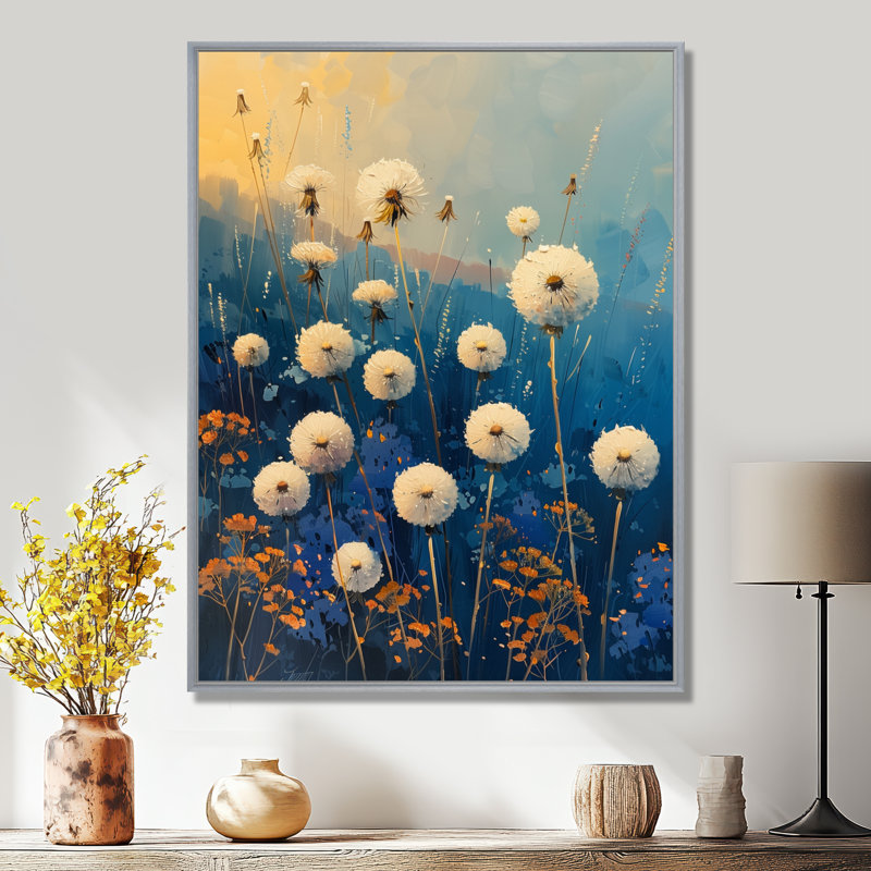 «White Blue Summer Garden Party Dandelion - Pissenlit», reproduction d'art mural, Encadrement argenté