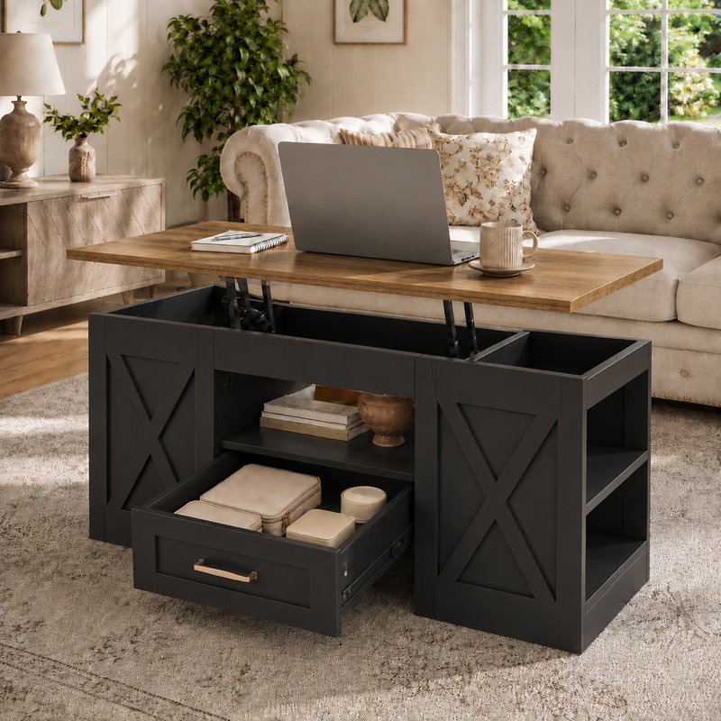 Lift Top Coffee Table, 39.37" Large Wooden Farmhouse Coffee Table With Drawer & Open Storage Shelves, Rectangular Living Room Table, Center Table For Living Room, Home Office, Brown/Black
