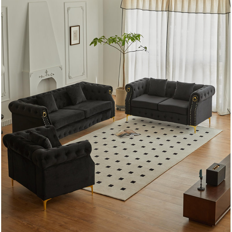 Ensemble de salon configurable en velours 3 pièces Frotten, Noir