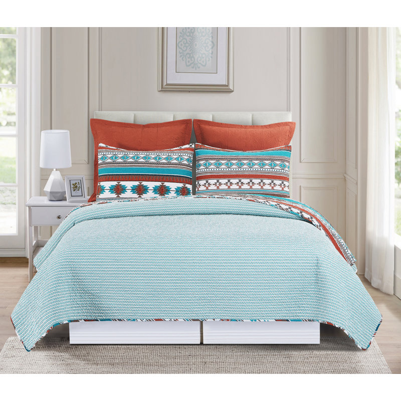 Ensemble de courtepointe réversible en coton Aqua Valley, Courtepointe pour grand lit + taies décoratives s