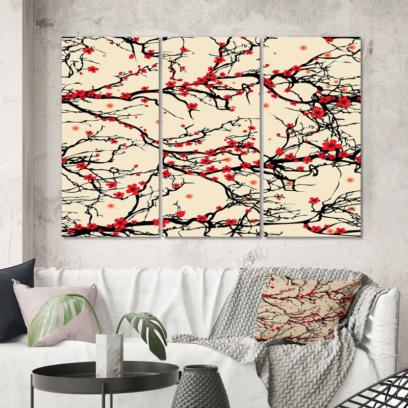 «Cherry Tree Blossoms On Yellow», reproduction d'art sur toile traditionnelle - PT40838, H 40 po x l 60 po x P 1 po