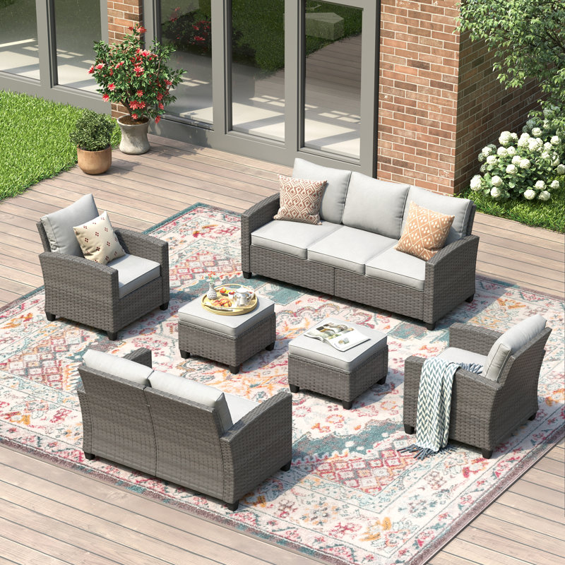 7 Seats Wicker Patio Conversation Set with Cushions, Gray Frame/Gray Cushion