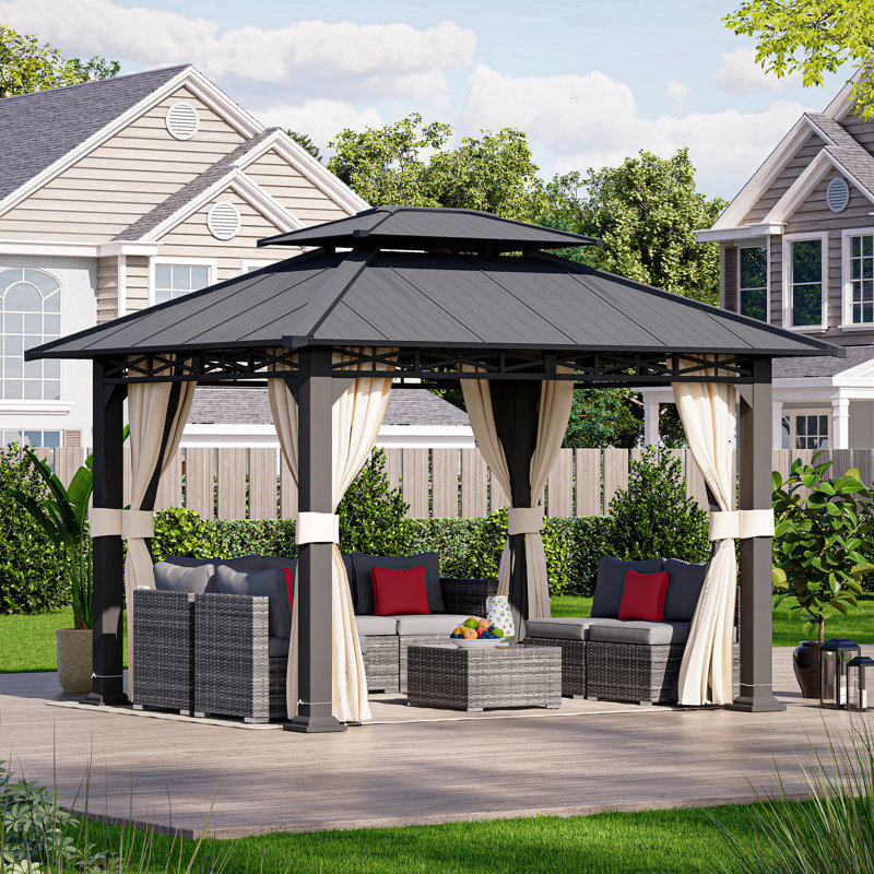 10' x 12' Gray Aluminum Hardtop Patio Gazebo with Curtains