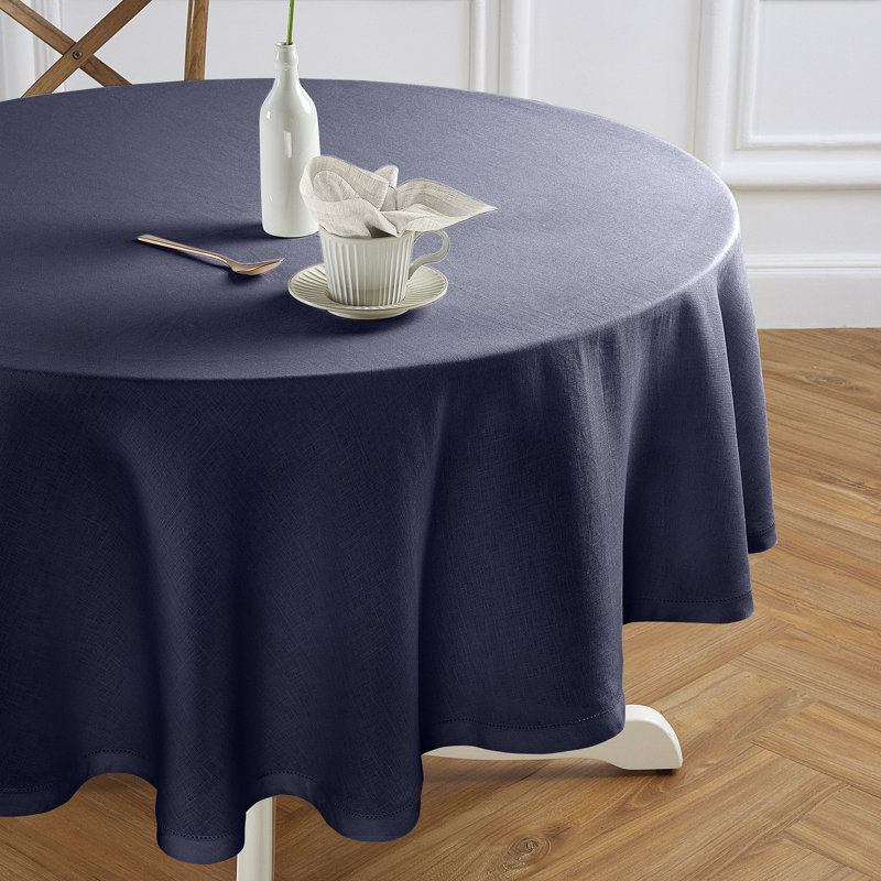 Sonoma Hemstitch - 100% Pure Linen Round Tablecloth (Prewashed), 70" Round, Indigo Navy