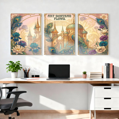 Art Nouveau Peacock And Floral Castle Canvas Wrapped Wall Art Oil Painting Print Set Of 3 For Living Room Bedroom Home Decor