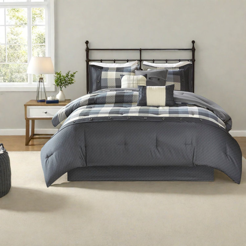 Rustic 7-piece Bedding Set, Grey Polyester Herringbone Comforter, King Size