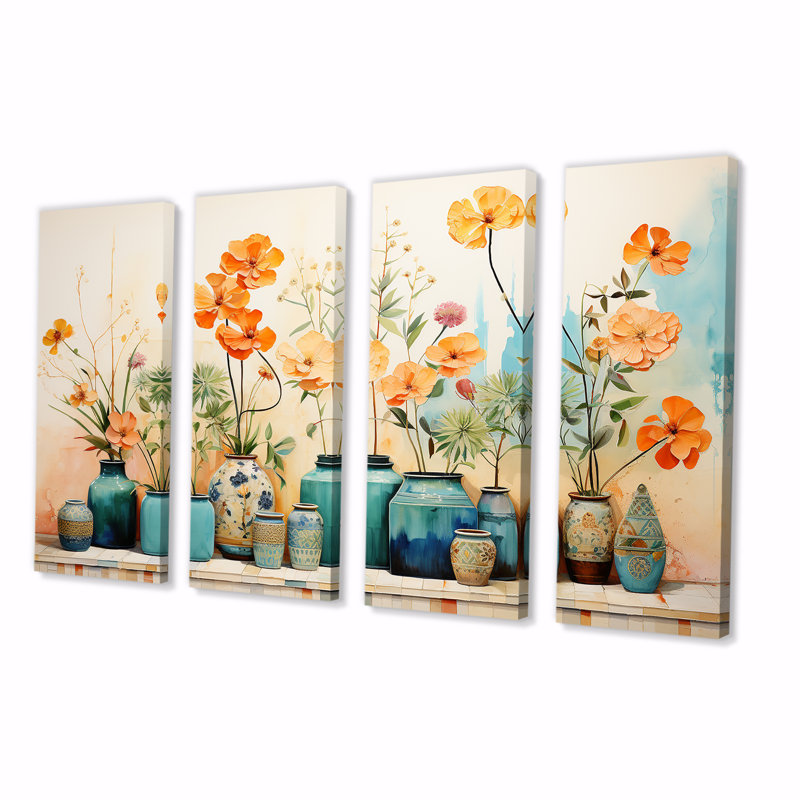 «Blue Floral Watercolor Pottery II - Boho Pottery», art mural 4 pièces, H 28 po x l 48 po