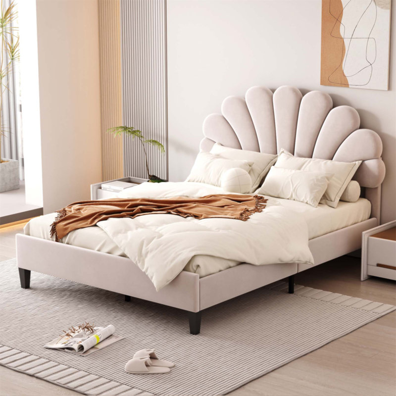 Lit plateforme tapissier avec tête de lit en velours à motif floral, élégant et confortable pour les chambres modernes, Beige