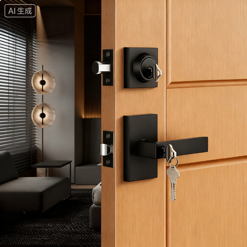 Ensemble de serrure de porte d'extérieur noir mat avec pêne dormant, poignée de porte avant carrée contemporaine, loquet réglable réversible pour les portes droite / gauche
