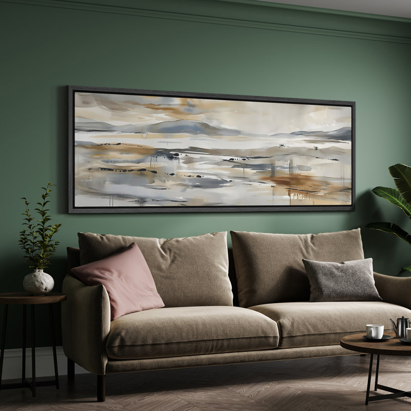 «Abstract Landscape Reflection», toile encadrée à l'aquarelle neutre, Noir, H 30 po x l 60 po