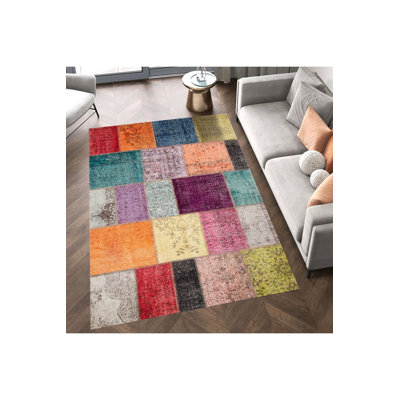 Patchwork Look Multi Color Woven Base Modern Decorative Machine Washable Area Rug