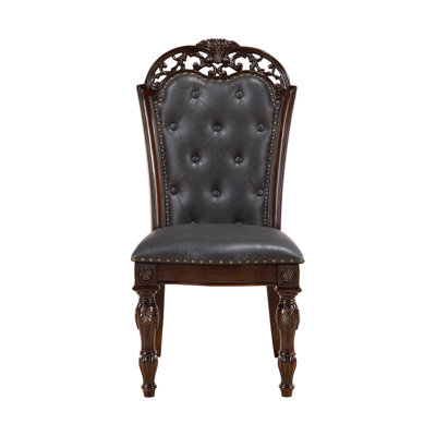 Formal Dining Chairs Set Of 2 Cherry Finish Button-Tufted Faux Leather Upholstered Traditional Dining Room Furniture Elegant Classic