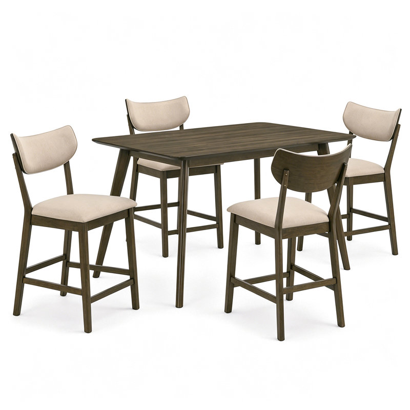 5-Piece Mid-Century Modern Counter Height Dining Set, 60"W Rectangular Table with 4 Chairs
