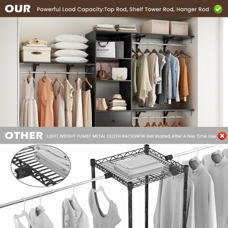 1000lbs Capacity Closet Organizer - 3 Drawers, Shelves & Expandable Hanger Rods (fits 6-9 Ft Spaces, 96"l X 75"h), Black