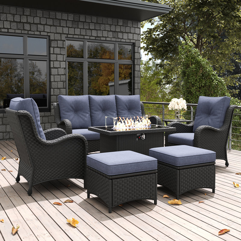  7 Pieces Outdoor Patio Furniture Set With Fire Pit Table, Rattan Wicker Sectional Chairs Sets With Ottomans, Single Chairs And Coffee Table