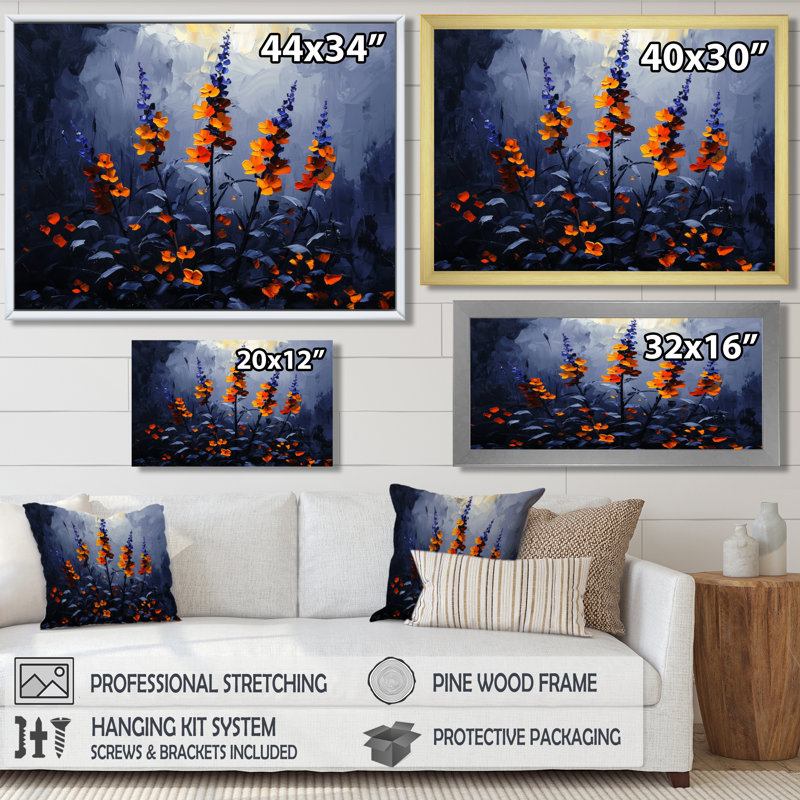«Night Forest Plants In The Dark I», art mural plantes, H 16 po x l 32 po, Cadre flottant noir