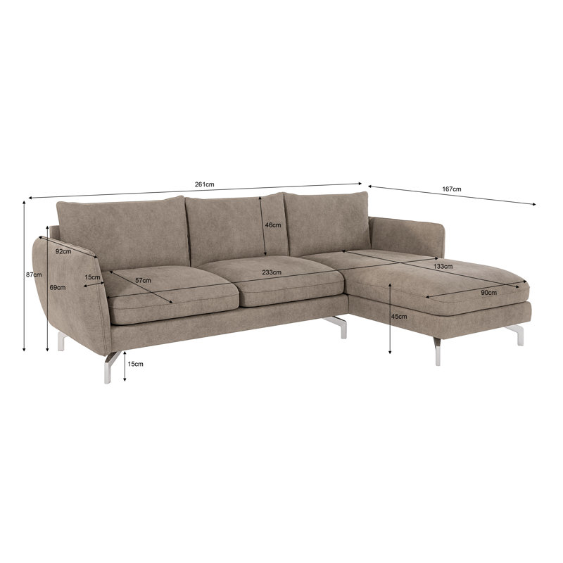 Modern L-Shape Corner Sofa Kimo with Silver Metal Legs, Dark Beige, Right Hand Facing