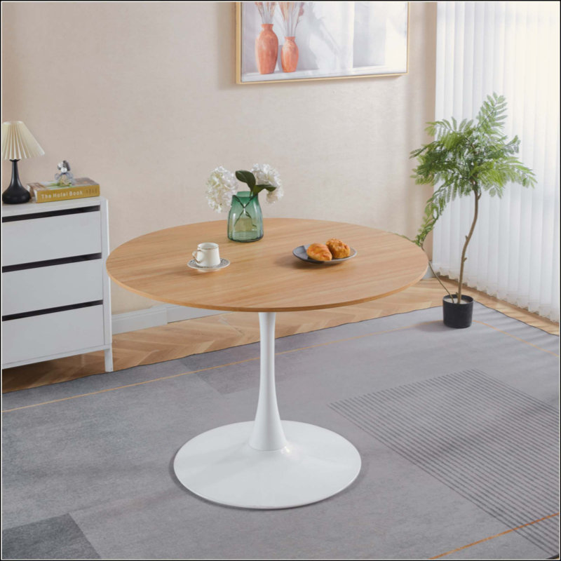 Table de salle à manger Mid-Century pour 4-6 personnes avec plateau rond en MDF, table de salle à manger à piédestal, table basse de loisirs