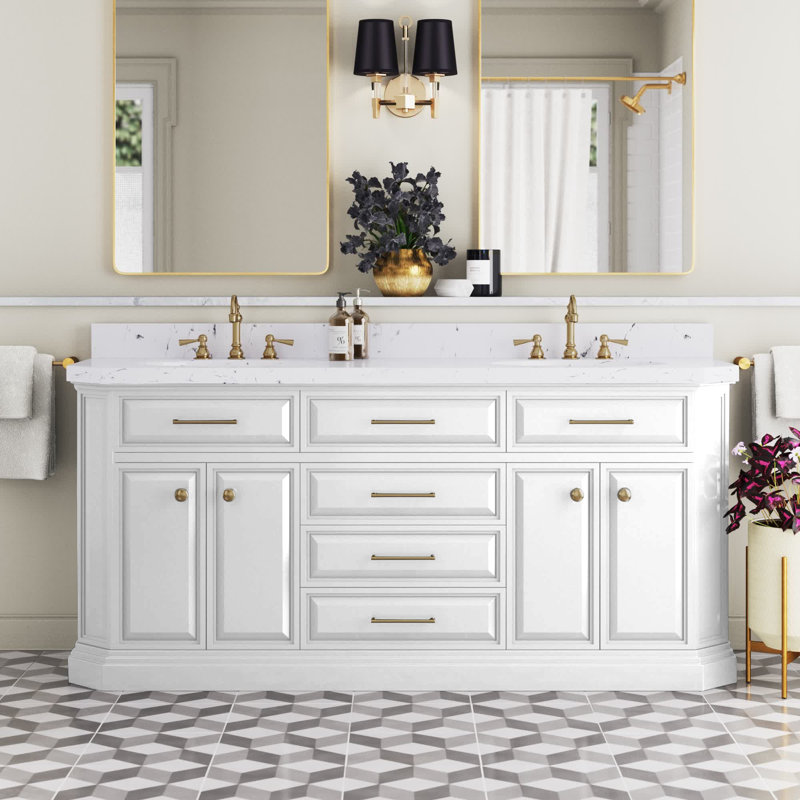 Bruning 72'' Double Bathroom Vanity with Engineered Marble Top, Pure White, Satin Brass