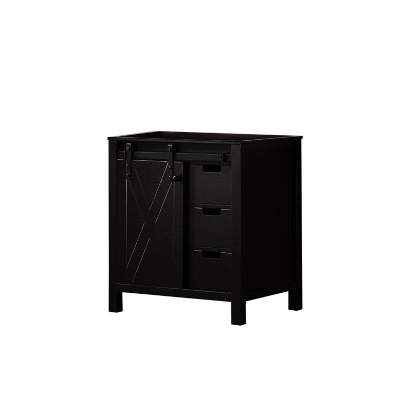 Meuble-lavabo brun de 30 po de largeur avec tiroirs à fermeture en douceur et tablette ouverte, une armoire, trois tiroirs, un espace de rangement, une structure en bois massif, du contreplaqué E0, un meuble d'installation pré-assemblé, un meuble-lavabo,