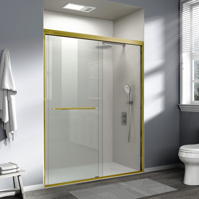 56-60 In. W X 72 In. H Double Sliding Shower Door, Semi-Frameless Bathroom Sliding Door With 1/4" (6mm) Tempered Glass For Walk-In Shower, Brushed Gold