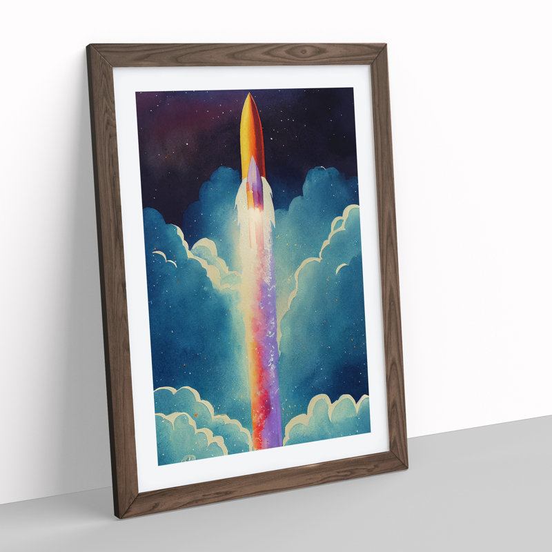 Spaceship Rocket In Flight No.2 Framed Print, 64cm H x 46cm W x 2cm D, Walnut