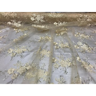 Gold Floral Mesh Lace Fabric with Sequin Embroidery by the Yard, 52 Inch Wide Sheer Bridal Lace for Gowns, Veils & Overlays - Valentina Textile Inc