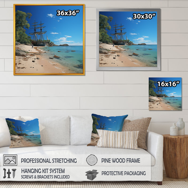 Bateau pirate, rivages tropicaux de la réduction sur toile, Cadre flottant noir, H 16 po x l 16 po x P 1 po