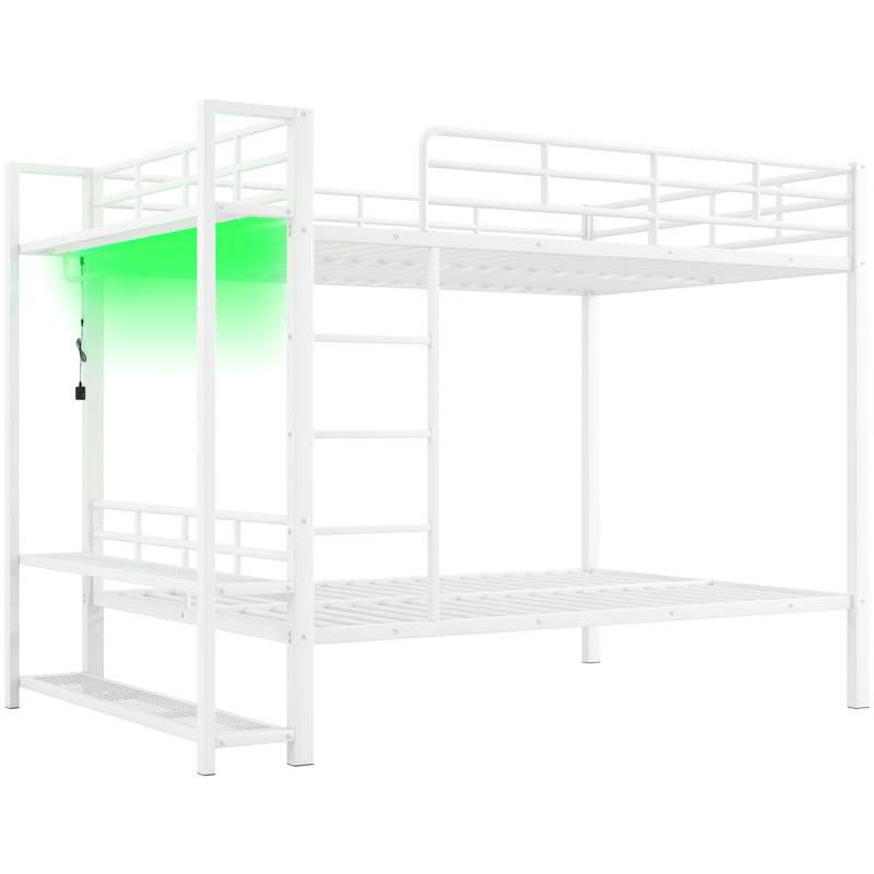 Lit superposé en métal pleine grandeur avec rangement et télécommande - Blanc à DEL contrôlé, sécuritaire pour le blanc fait de crochets, utilisation fiable et stable